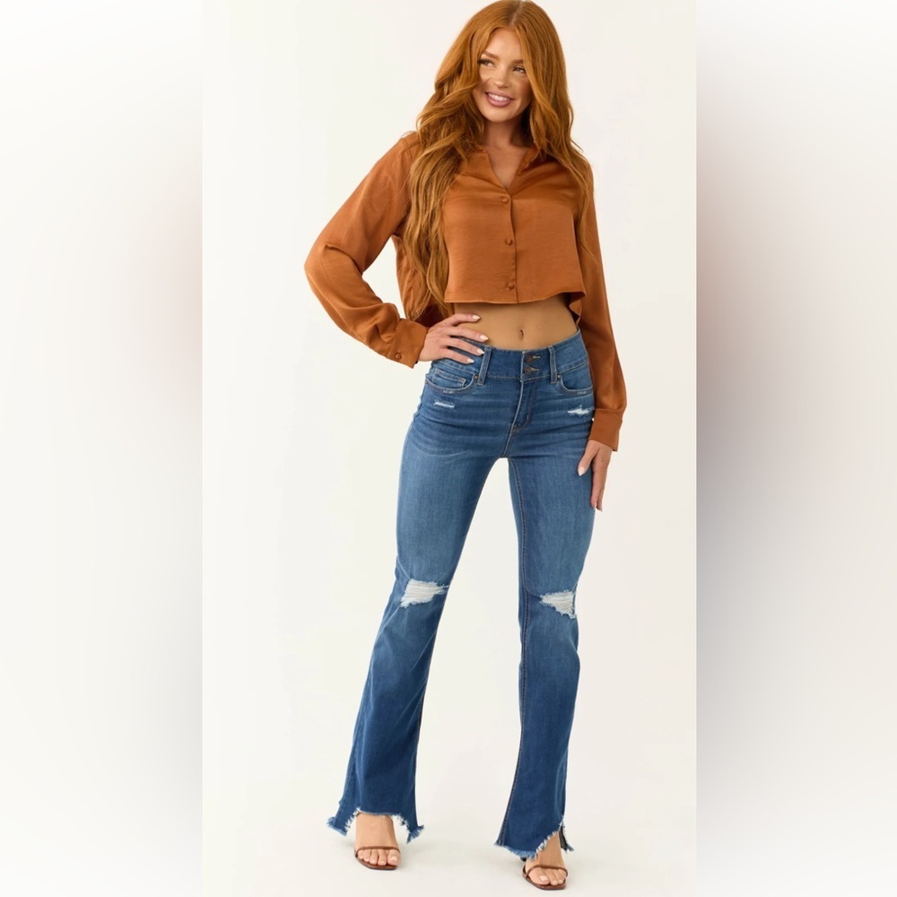 Rewash Jeans Medium Wash Size 9/29 Flare Torn Hem High Rise Stretch Denim - Picture 2 of 11